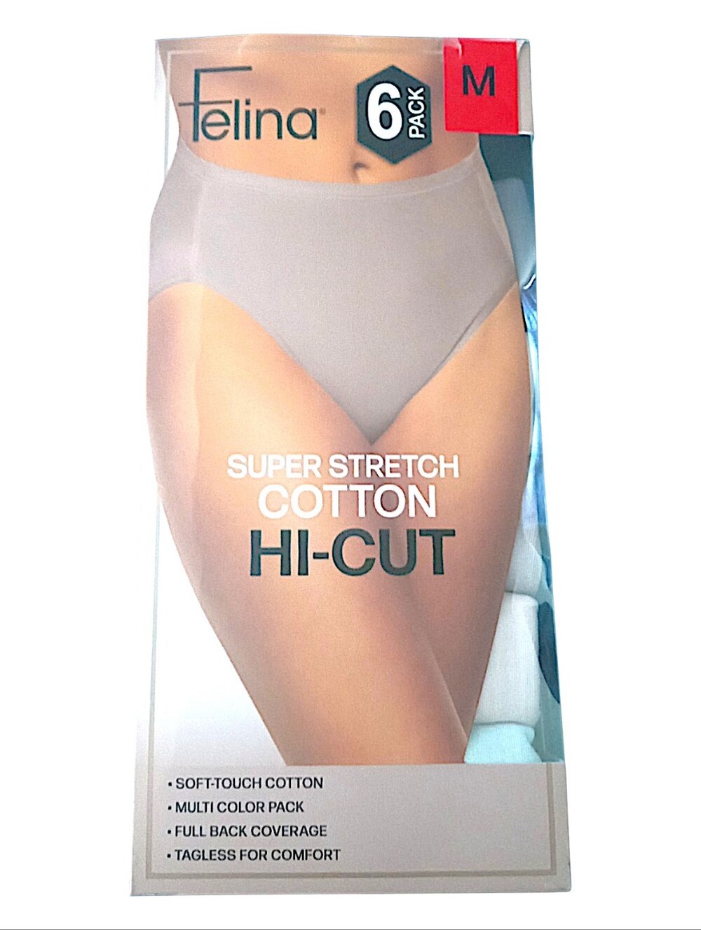 New Felina 6-Pack Super Stretch Cotton Hi-Cut Panties Size Medium
